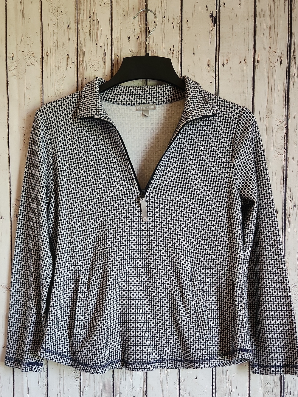​T by Talbots Medium Petite Blue White Geometric Quarter Zip Cotton Pullover